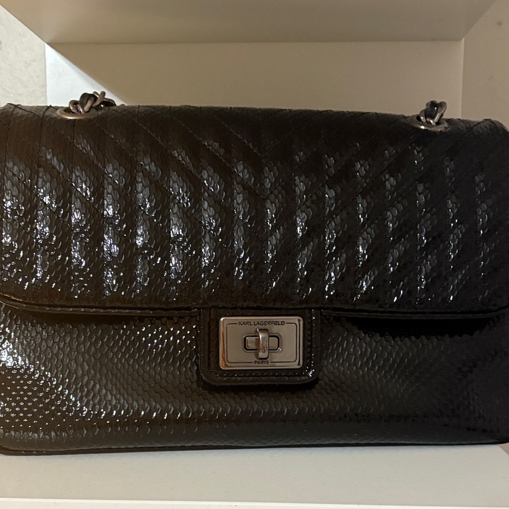 Karl Lagerfeld Diagonal Quilted Shoulder Bag with Chain Detail